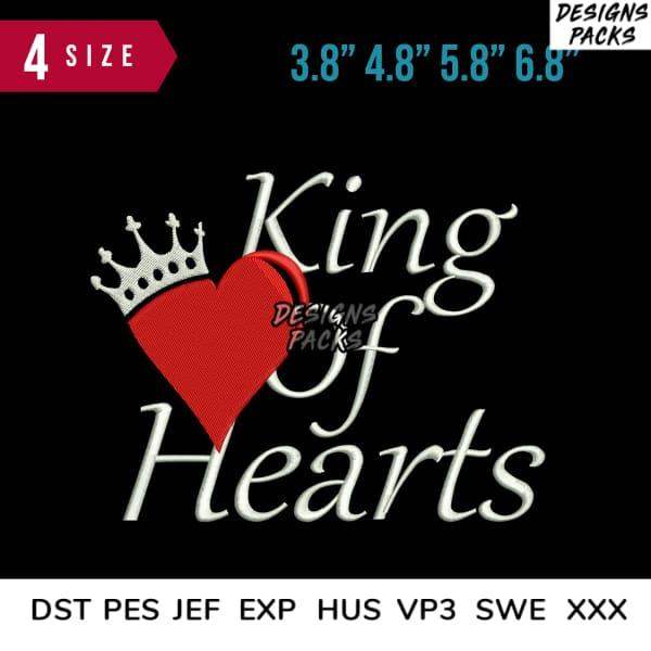 King of Hearts embroidery design with crown & red heart, 4 sizes, DST PES JEF formats