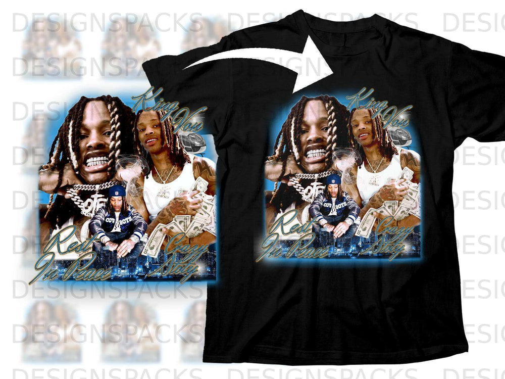 Black t-shirt with King Von portrait and text "Rest In Peace".