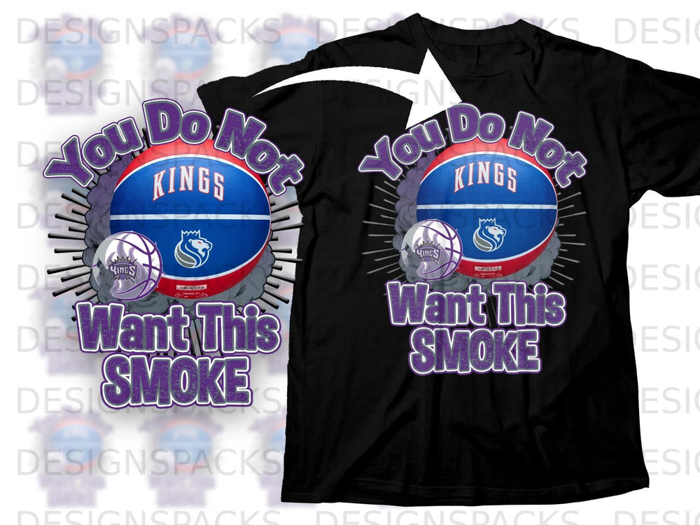 Black t-shirt with purple text "You Do Not Want This Smoke" and basketball graphics.