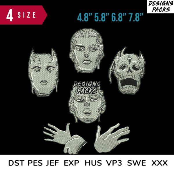 Embroidery designs featuring horror faces and hands in 4 sizes, DST PES JEF formats, print-ready