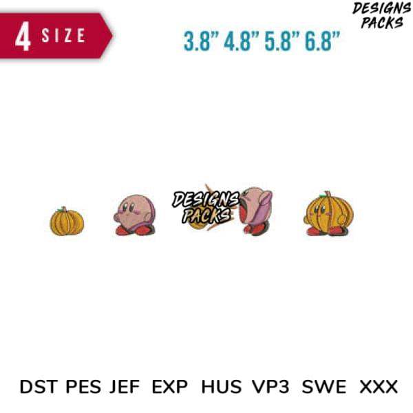 Kirby & pumpkin embroidery designs in 4 sizes, DST PES JEF formats for instant download