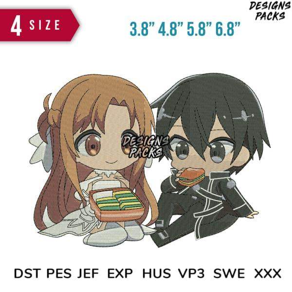 Chibi anime characters with food, embroidery designs in DST PES formats for instant download