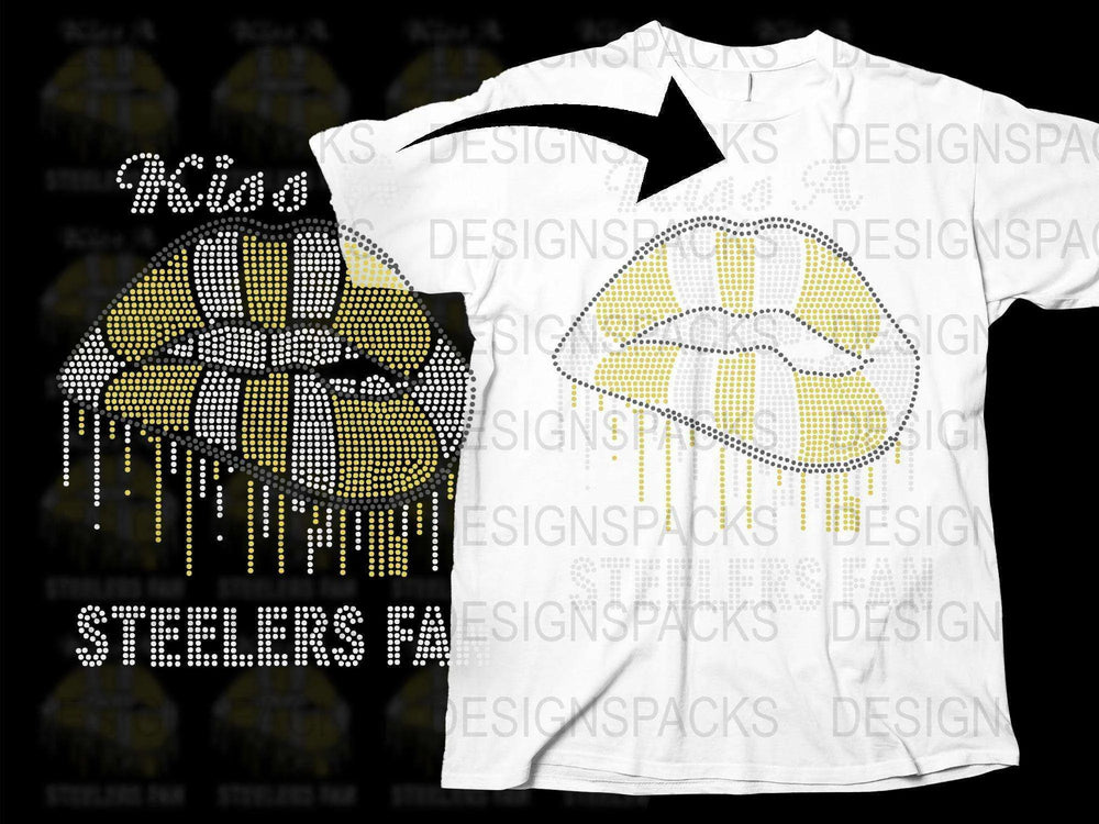Pittsburgh Steelers Fan T-Shirt, Rhinestone Lip Design, Black and Yellow, Football Season Apparel