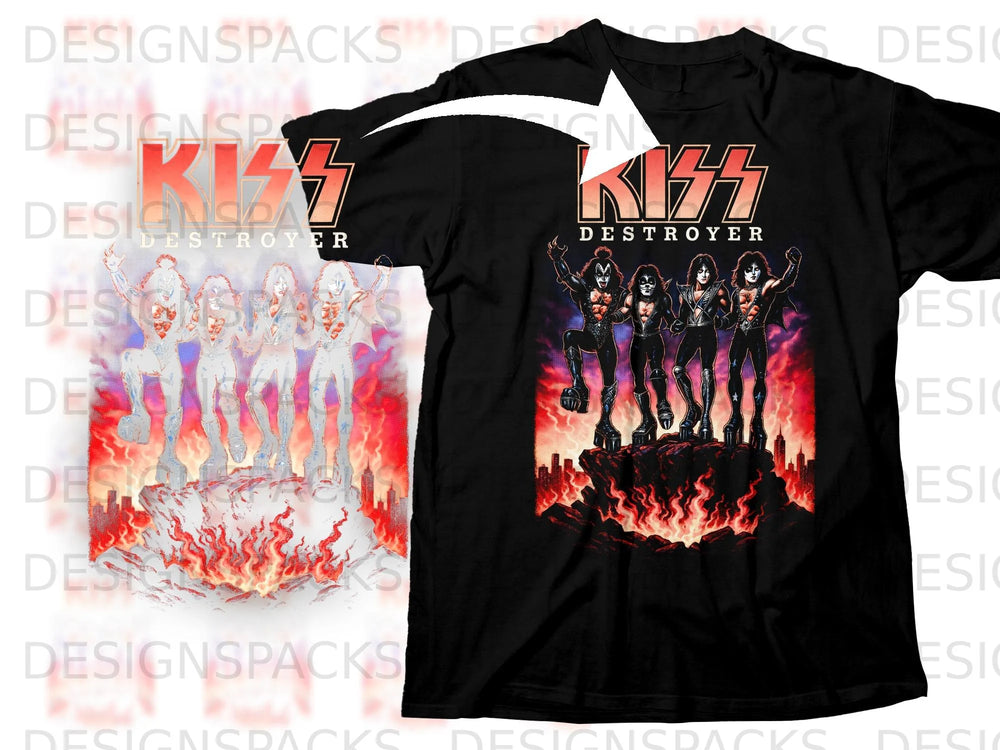 Black t-shirt with Kiss Destroyer album art featuring band members over flames.