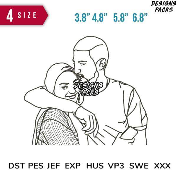Romantic couple hug design in 4 sizes, embroidery formats DST PES JEF EXP for instant download