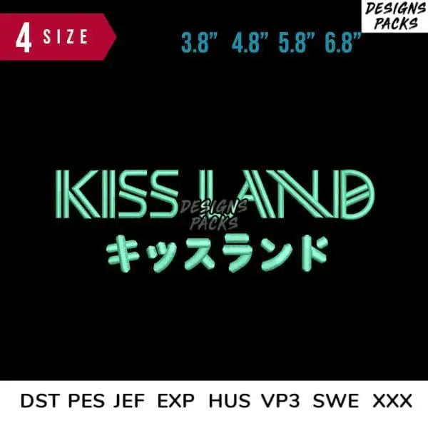 Kiss Land neon-style design in 4 sizes, print-ready embroidery formats DST PES JEF EXP