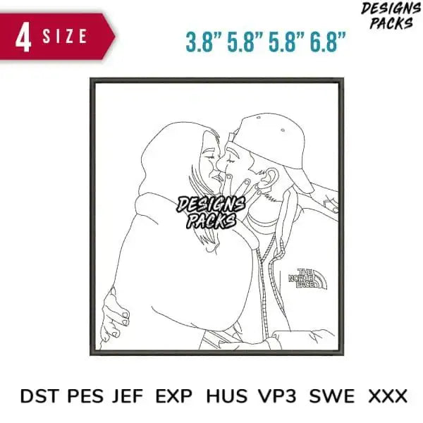 Romantic couple kiss embroidery design in 4 sizes, DST PES JEF formats for instant download