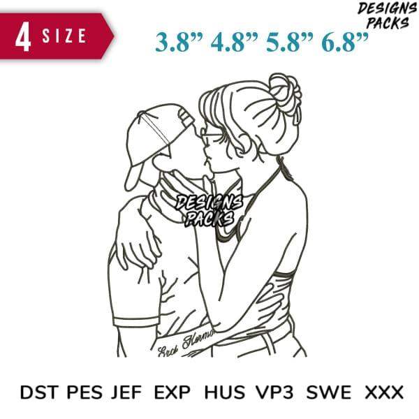 Romantic couple kiss design in 4 sizes, embroidery formats DST PES JEF EXP for instant download