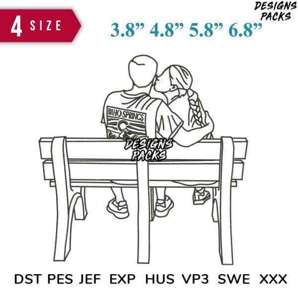Romantic couple kissing on bench, embroidery design in 4 sizes, DST PES JEF formats