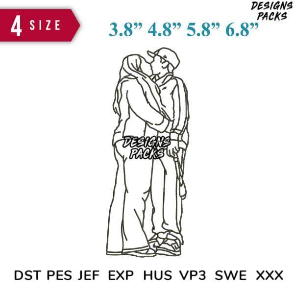 Romantic couple embrace embroidery design in 4 sizes, DST PES JEF formats for instant download