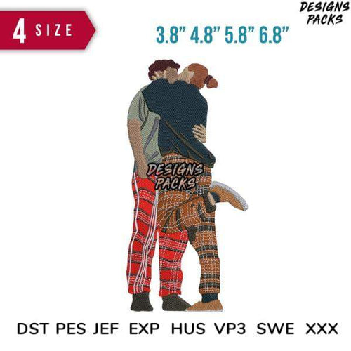 Embroidery design of couple hugging in plaid pants, available in multiple sizes and formats