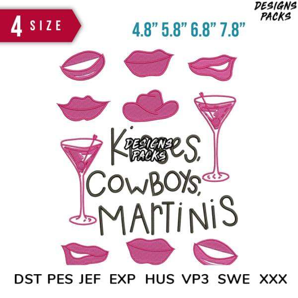 Embroidery designs featuring lips, cowboy hats, and martinis in multiple sizes for instant download.