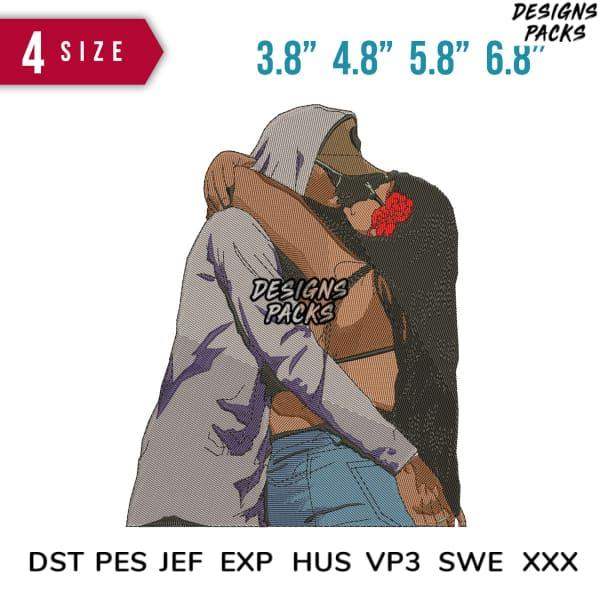 Romantic couple hug embroidery design in DST PES formats, available in 4 sizes for instant download.