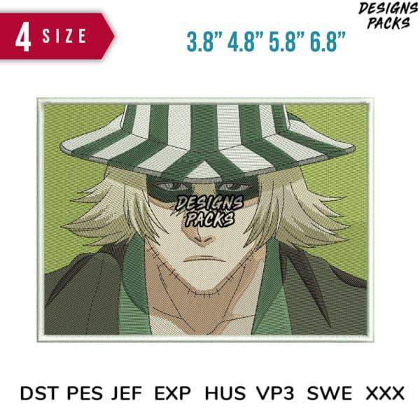 Anime character embroidery design with green striped hat, available in 4 sizes & multiple formats