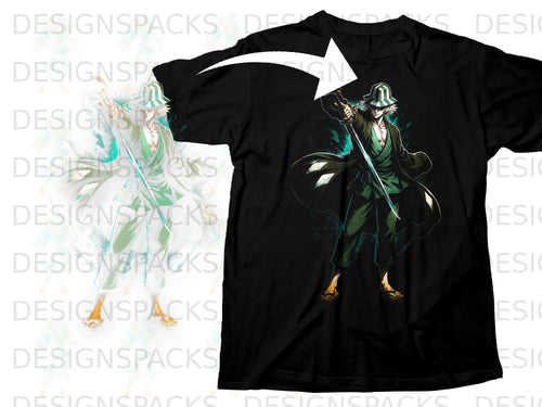 Black t-shirt featuring an anime character in a green robe holding a sword.