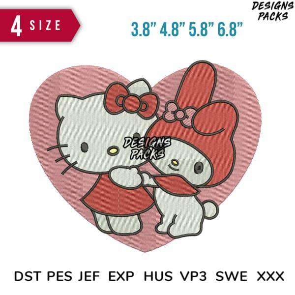 Hello Kitty and My Melody in heart design, embroidery files DST PES JEF EXP for instant download