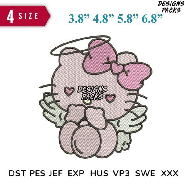 Cute angel cat embroidery design with pink bow, hearts, wings, halo. 4 sizes. DST PES JEF formats.