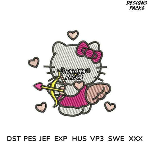 Hello Kitty with bow and arrow, surrounded by hearts, embroidery design for instant download