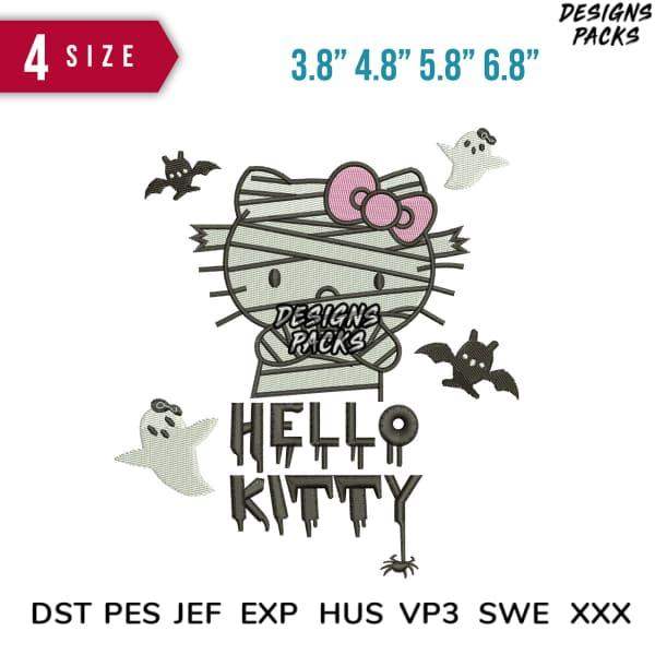Hello Kitty mummy Halloween embroidery design with ghosts, bats, 4 sizes, DST PES JEF formats