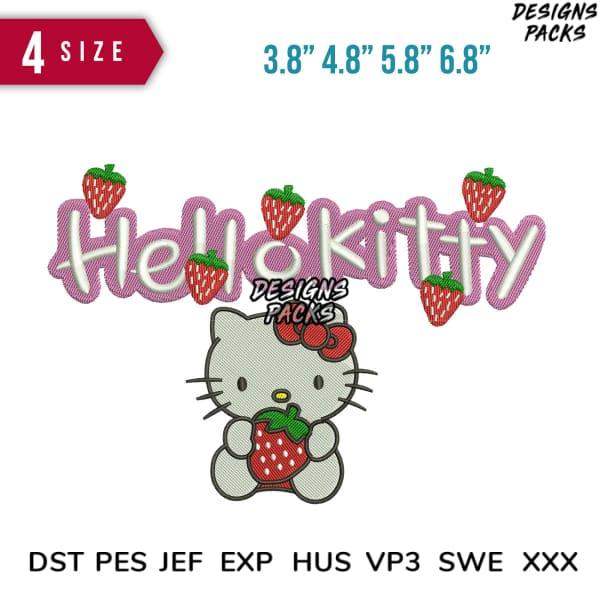 Hello Kitty embroidery design with strawberries, 4 sizes, DST PES JEF formats for instant download