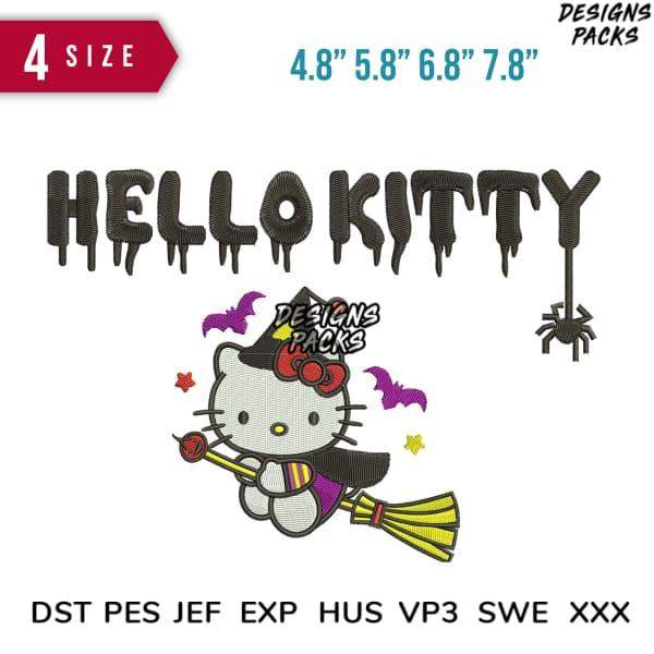Halloween Hello Kitty witch embroidery design with bats, spider, and broomstick in 4 sizes, DST PES formats