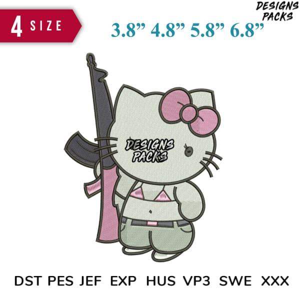 Hello Kitty with rifle, embroidery design in 4 sizes, DST PES formats