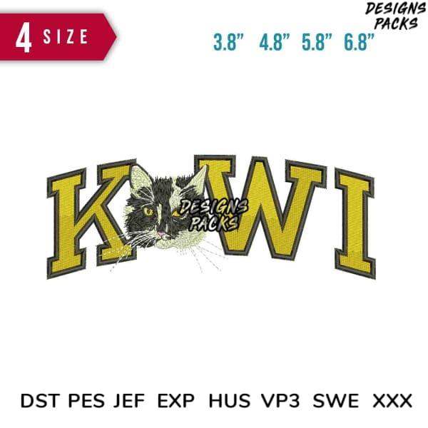 Kawaii cat embroidery design in yellow varsity letters, available in 4 sizes & multiple formats