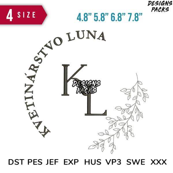 Elegant monogram embroidery design with 'KL' initials, leafy branch, and 4 size options for DST PES JEF formats