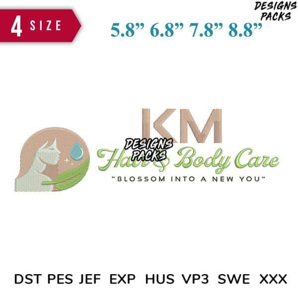 Embroidery design for hair and body care with KM logo, available in multiple sizes and formats
