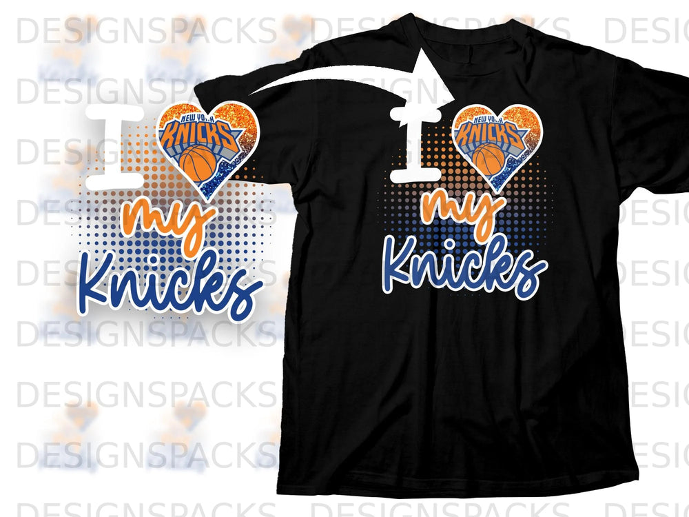 "I Love My Knicks" text with basketball heart graphic on black t-shirt.