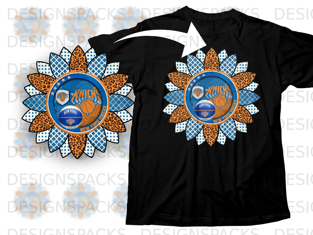 New York Knicks sunflower design with basketballs and leopard print on a black t-shirt.
