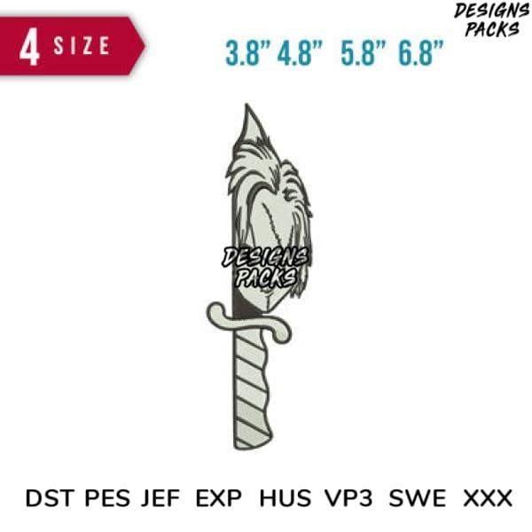 Embroidery design of a dagger with feather, available in 4 sizes and multiple formats like PES, DST, EXP.