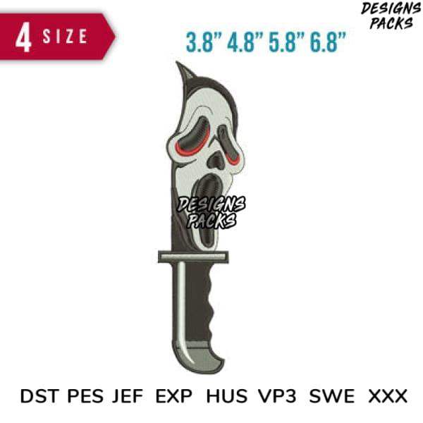 Scream mask knife embroidery design in 4 sizes, DST PES JEF formats for instant download