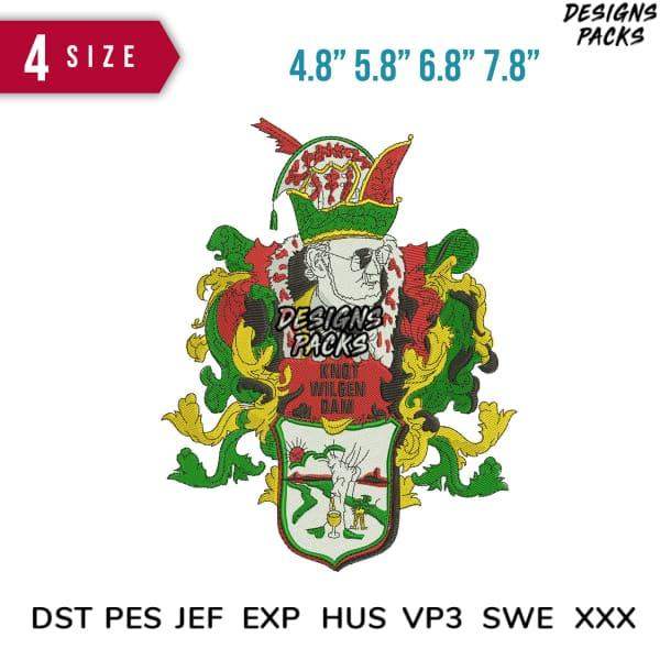 Embroidery design with crest, jester hat, and shield in 4 sizes, formats DST PES JEF EXP