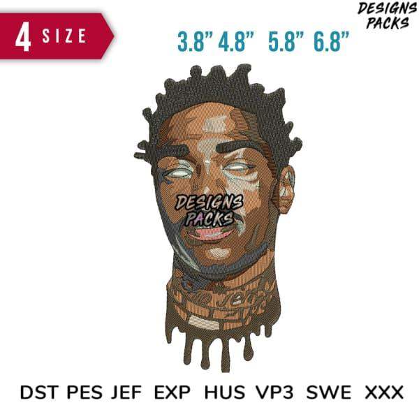 Embroidery design of stylized face with tattoos, available in multiple sizes and formats for instant download.