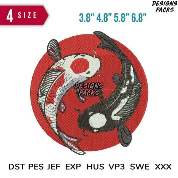 Yin Yang Koi Fish Embroidery Design in 4 Sizes, PES DST JEF Formats, Red Circle Background