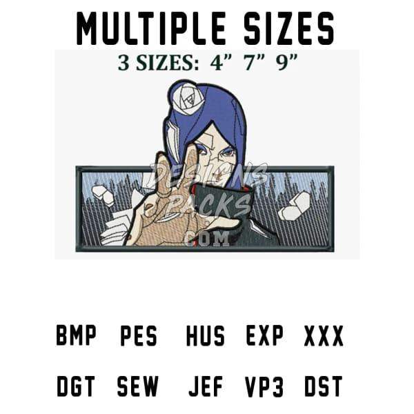 Anime character embroidery design in 4”, 7”, 9” sizes, compatible with PES, DST, EXP formats for machine embroidery.