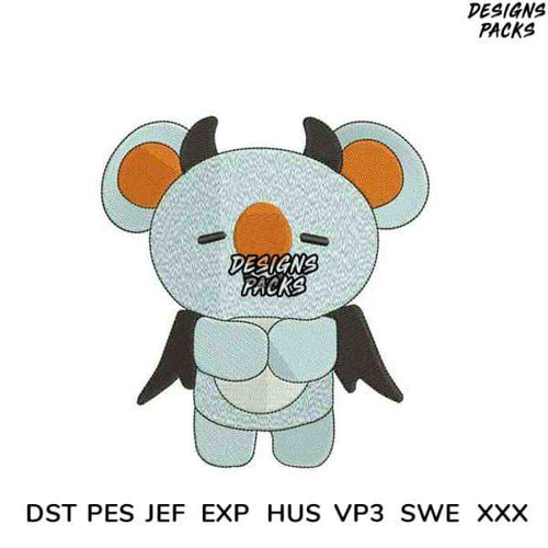 Cute koala embroidery design with wings, available in PES, DST, JEF formats for instant download
