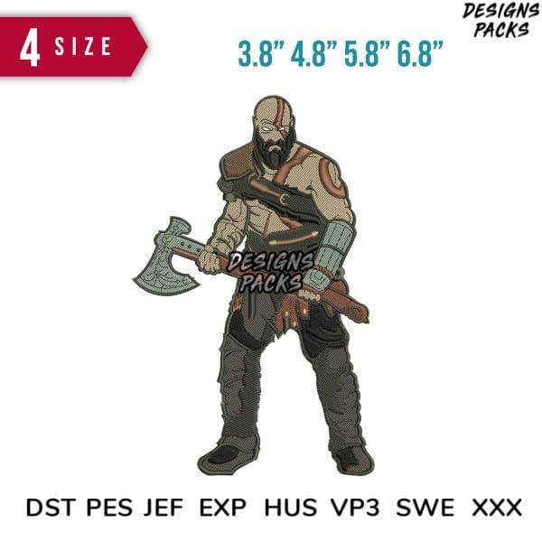 Kratos embroidery design in 4 sizes, print-ready formats for DTG/DTF, instant download