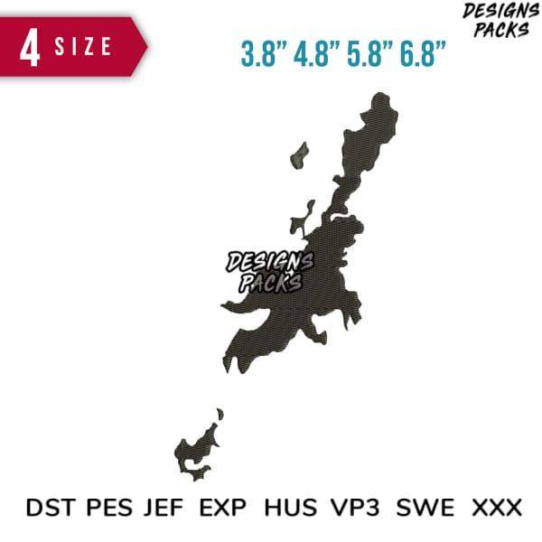 Japan map embroidery design in 4 sizes, compatible with DST PES JEF EXP HUS VP3 SWE formats