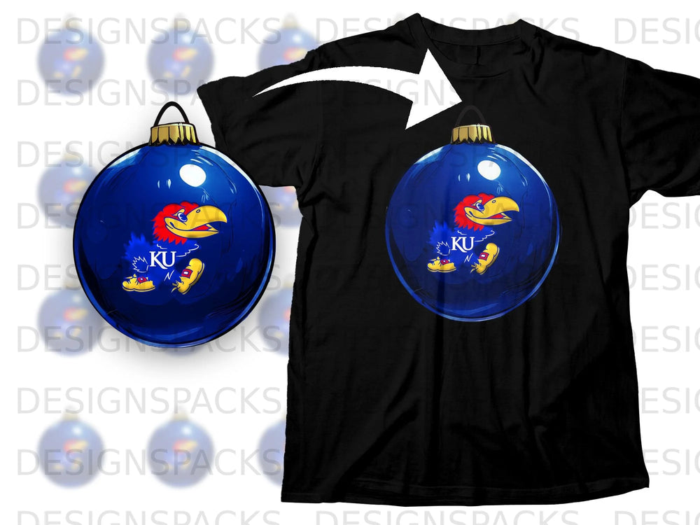 Black t-shirt with a blue Christmas ornament featuring the KU Jayhawk mascot.
