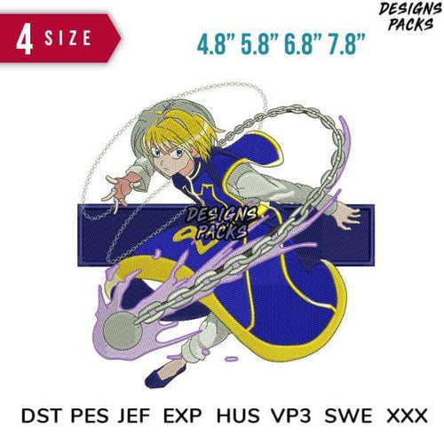 Anime character embroidery design with chain effect, 4 sizes, DST PES formats for machine embroidery