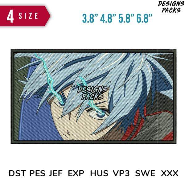 Anime character embroidery design with blue hair, available in multiple sizes and formats