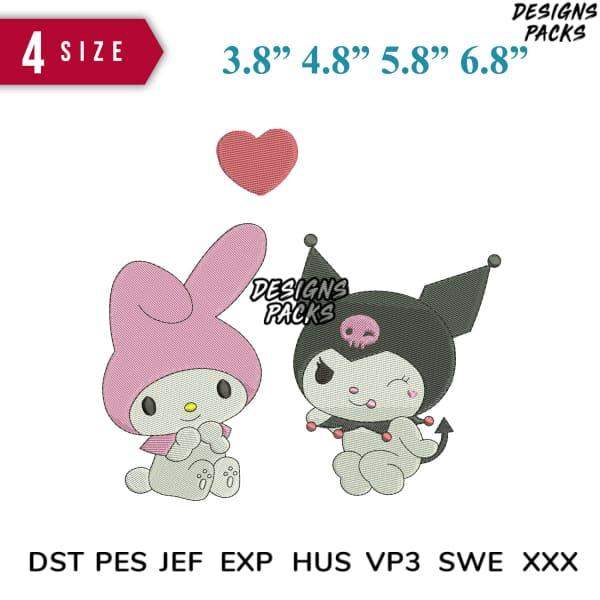 Cute My Melody and Kuromi embroidery designs in 4 sizes, print-ready formats for DTG/DTF