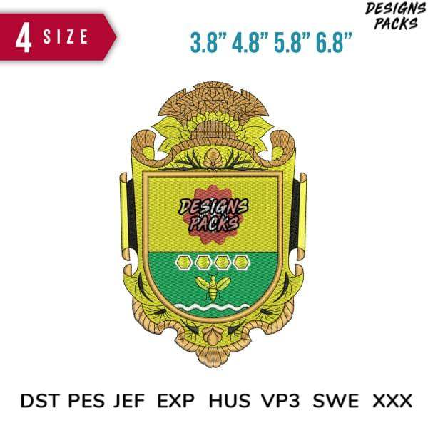 Embroidery design with honeycomb, bee, and shield motif in 4 sizes, compatible with DST PES JEF formats