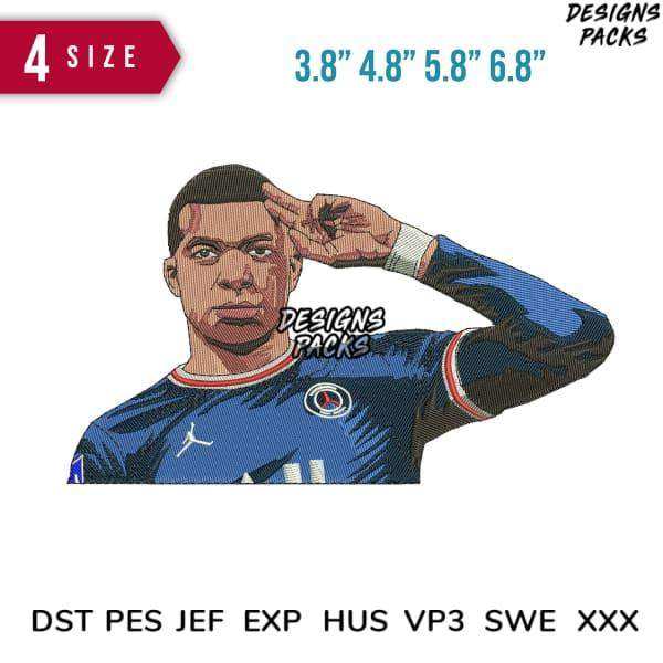 Embroidery design of soccer player saluting in blue jersey, available in DST PES JEF formats, 4 sizes