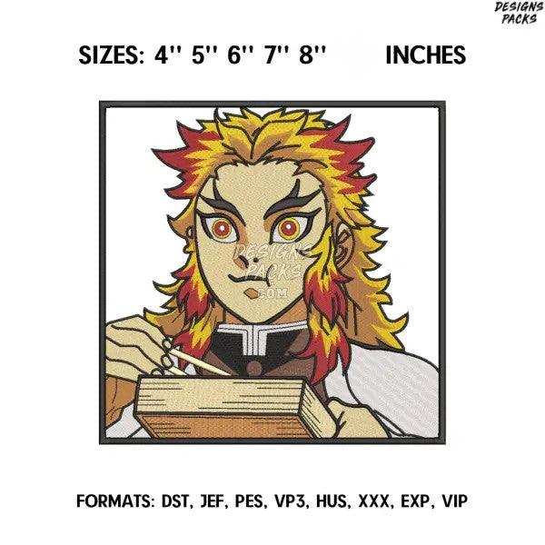 Anime character embroidery design with fiery hair, available in multiple sizes and formats