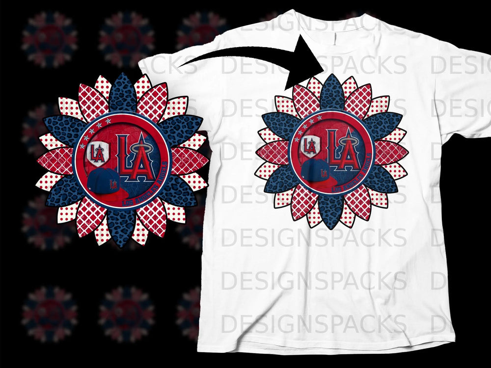 Sunflower design with Los Angeles Angels logo and baseball cap on white t-shirt.