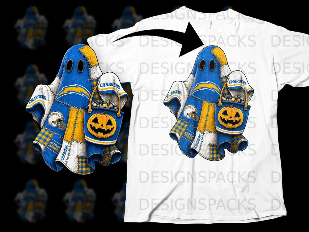 Los Angeles Chargers ghost with pumpkin bucket on a white t-shirt.