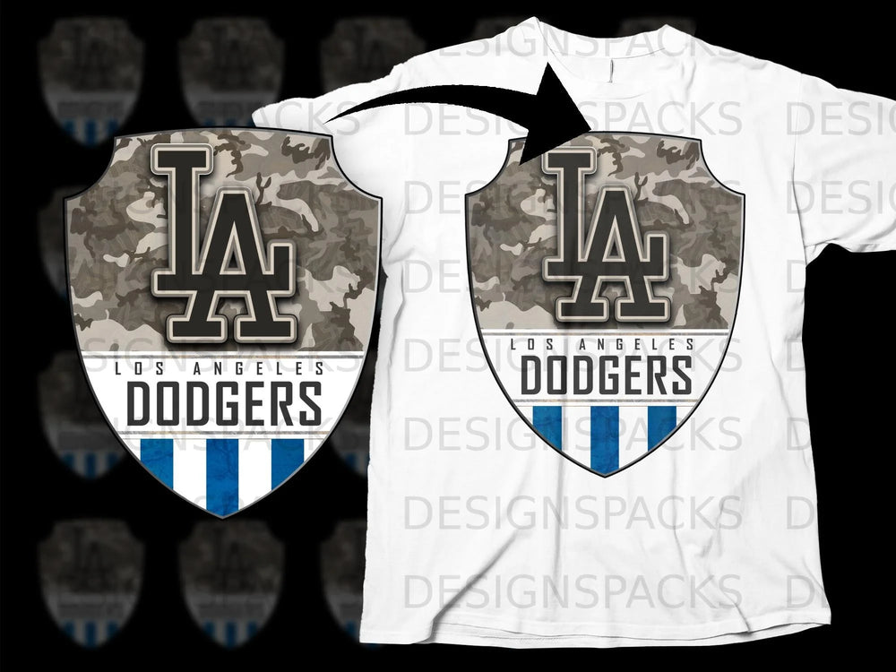 Los Angeles Dodgers logo on a shield with camouflage, on a white t-shirt.